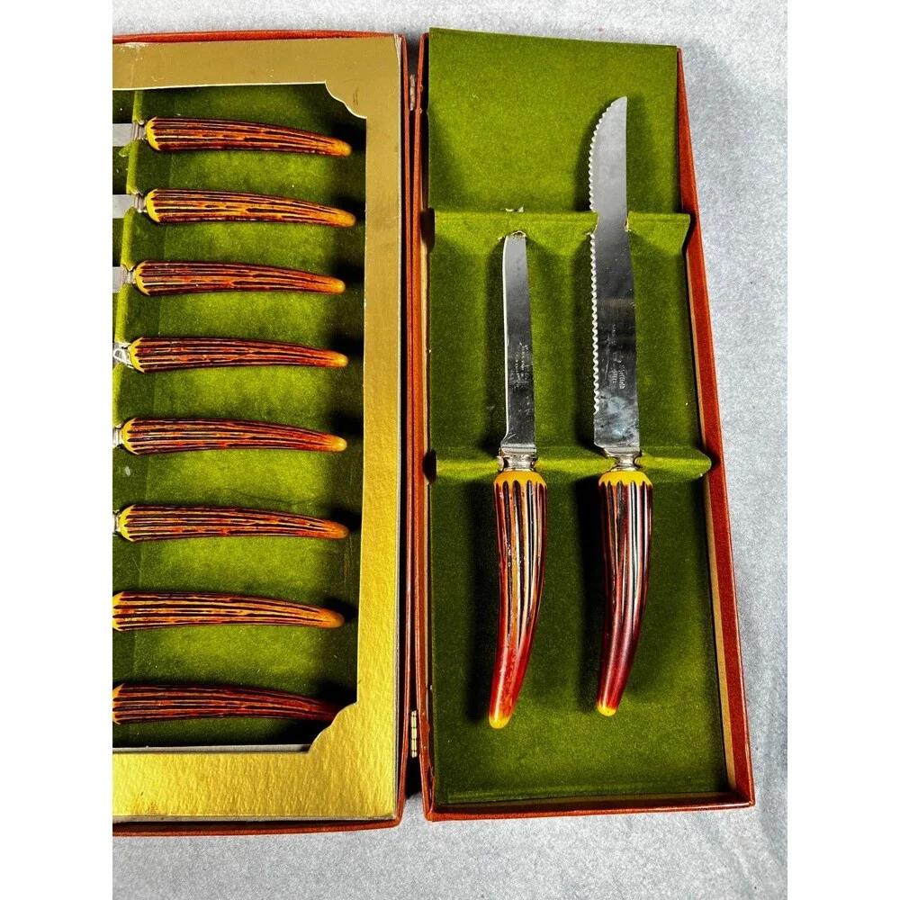 Vintage Sheffield England 12 Pc Steak Carving Knife Set Faux Stag Handles Box